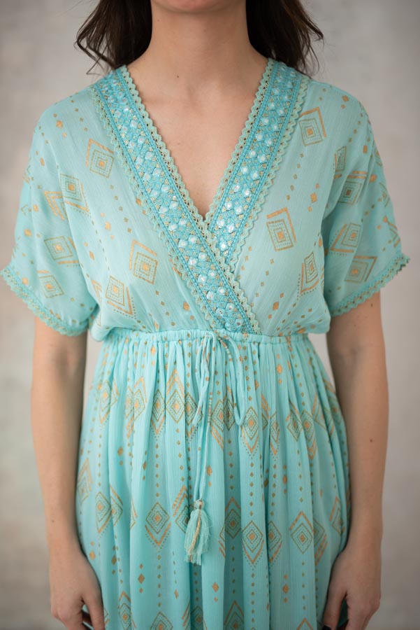 Pitkä akvamariini Boho maximekko