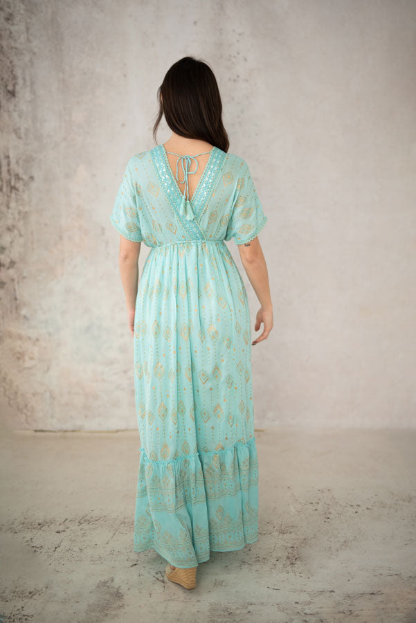 Pitkä akvamariini Boho maximekko