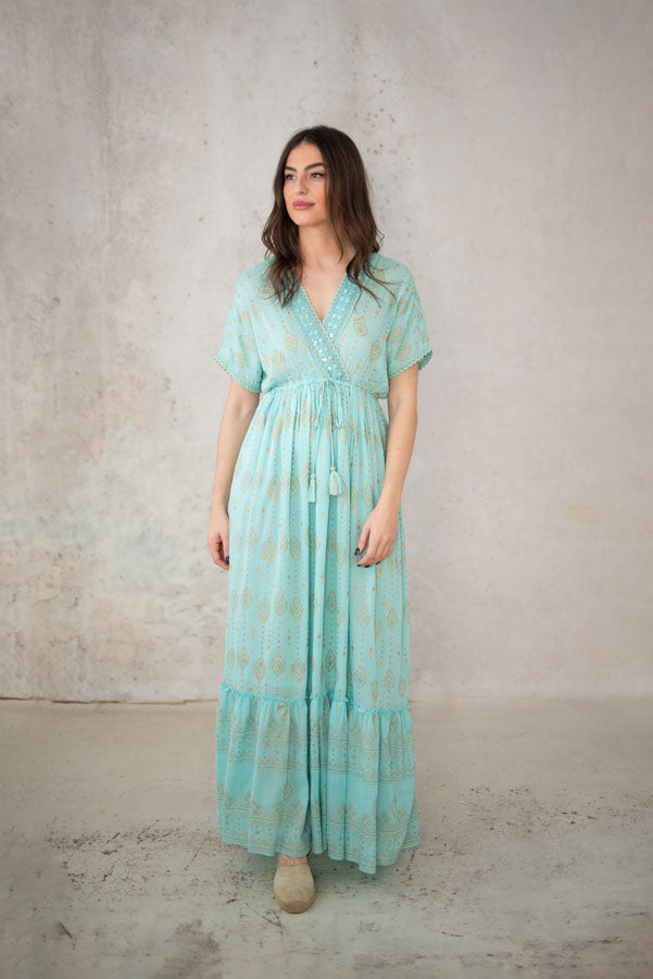 Pitkä akvamariini Boho maximekko