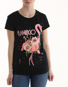 Musta printti T-paita flamingo