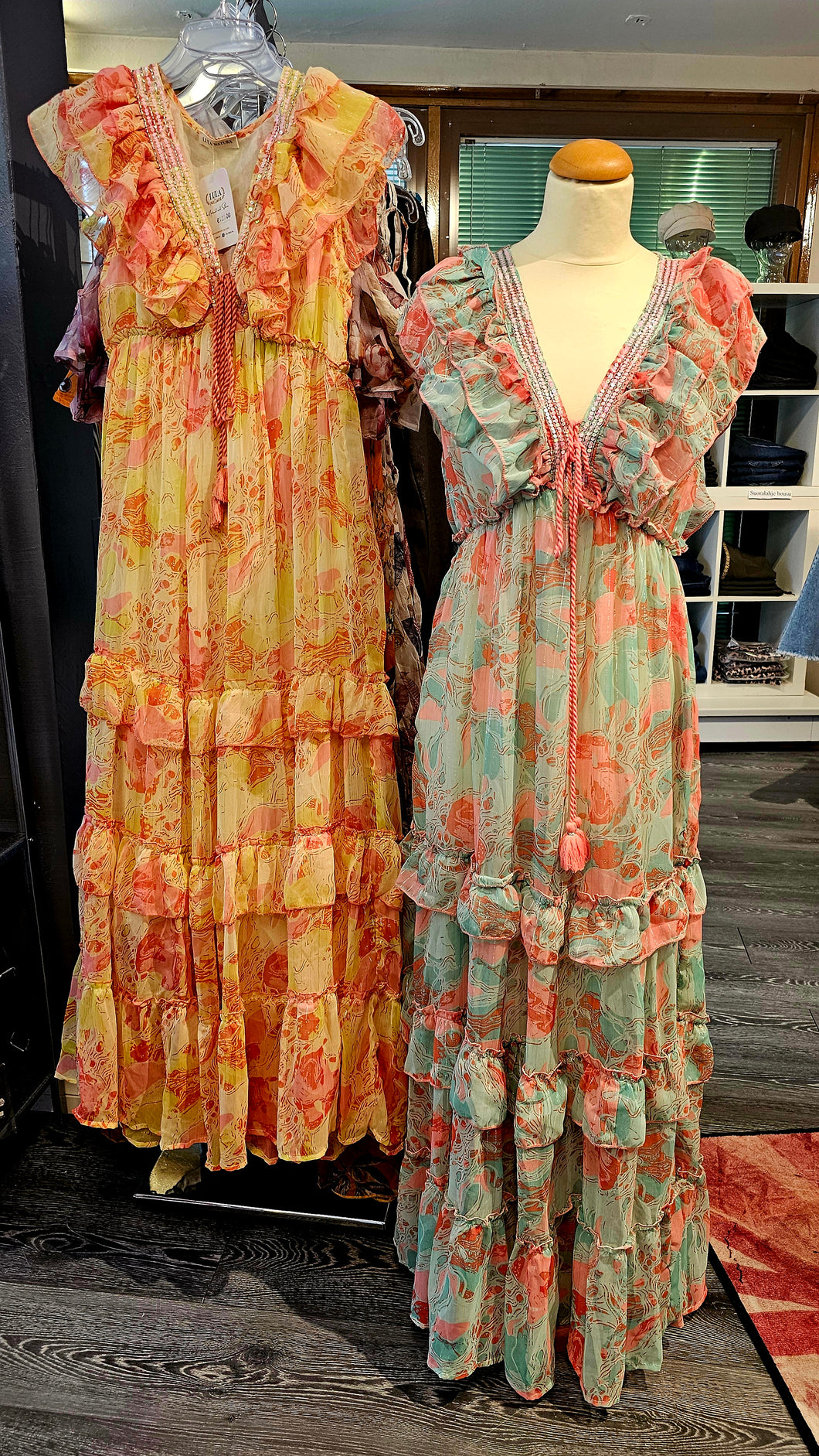 Luna pitkä boho mekko keltainen ja vihreä